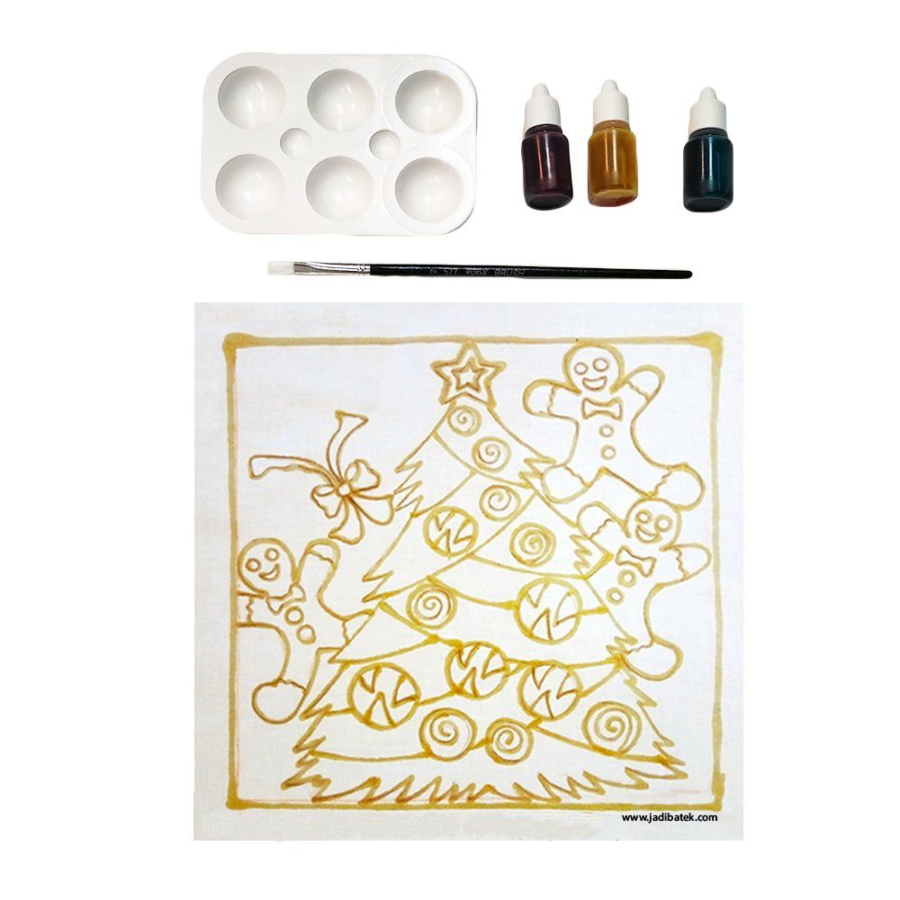 Christmas tree and gingerbread men painting kit with gold outline and paint.