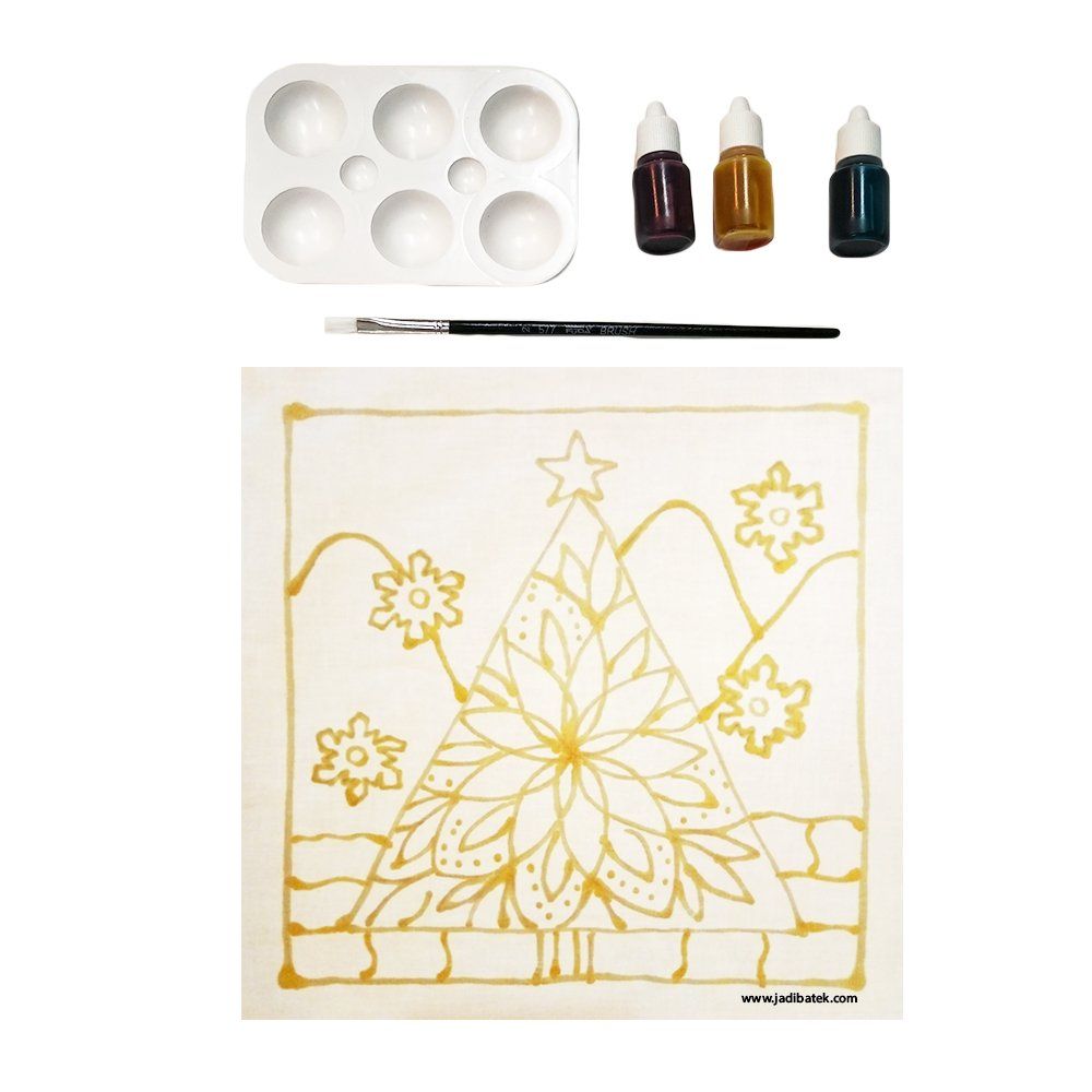 Christmas tree art kit with paint, palette, and brush; finished example in gold on off-white background.