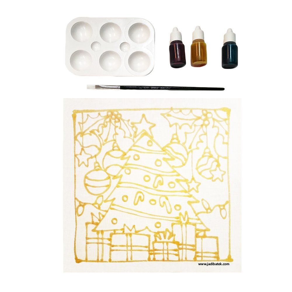 Christmas art kit: Tree outline, paint, palette, brush, and bottles.