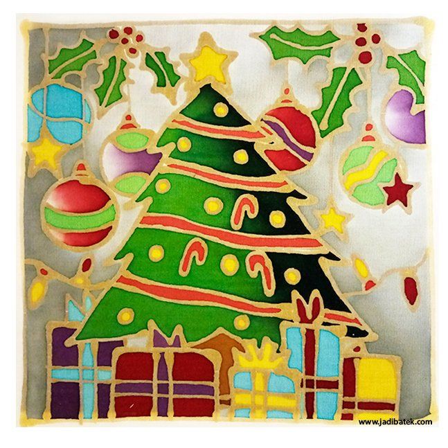 Christmas tree with ornaments and gifts, painted on silk with gold outlines and red, green, and purple accents.