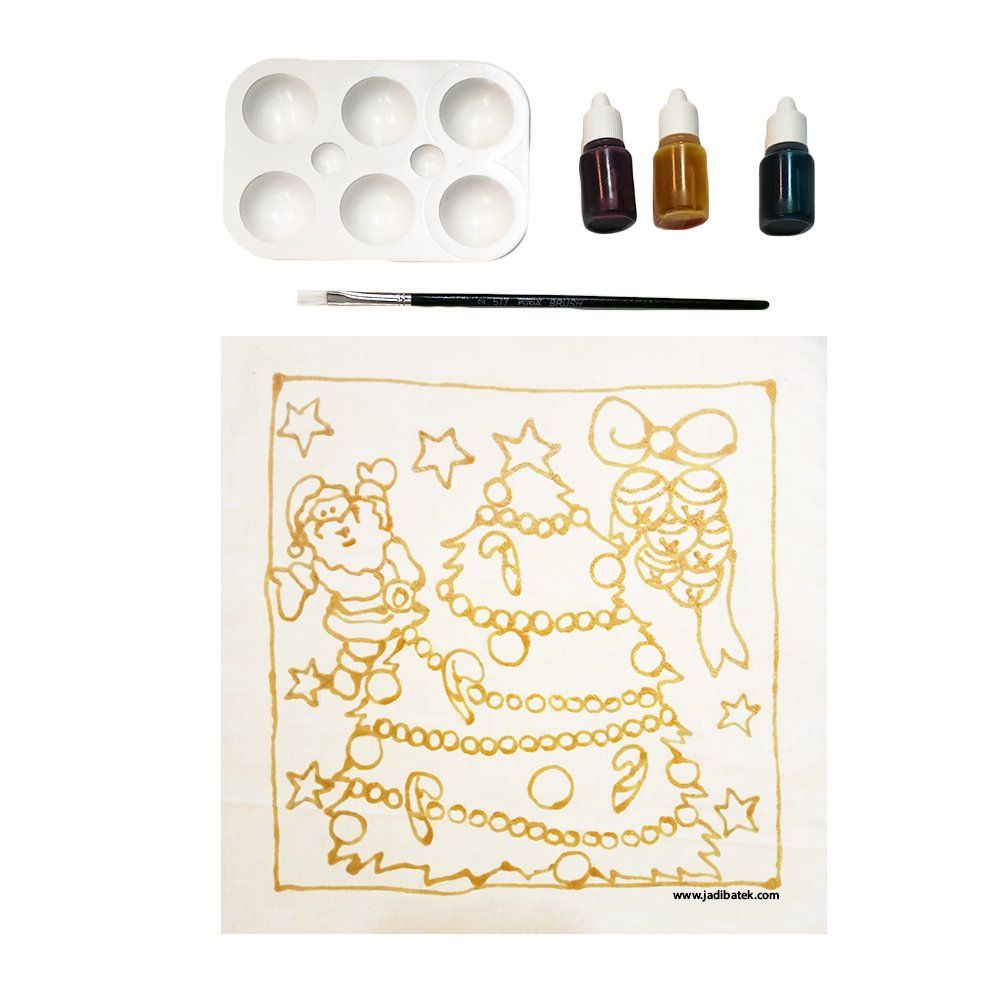 Christmas art kit: Santa, tree outline, paints, palette, brush.