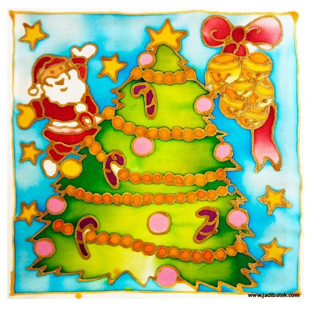 Santa and Christmas tree, painted on silk, with gold accents and stars against a blue background.