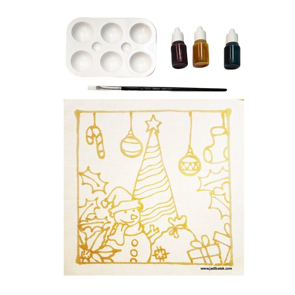 Christmas paint-your-own kit with a gold-outlined scene of holiday decorations and a snowman. Includes paint, palette, and brush.