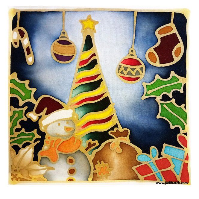 Christmas scene with a snowman, tree, ornaments, gifts, and holly.