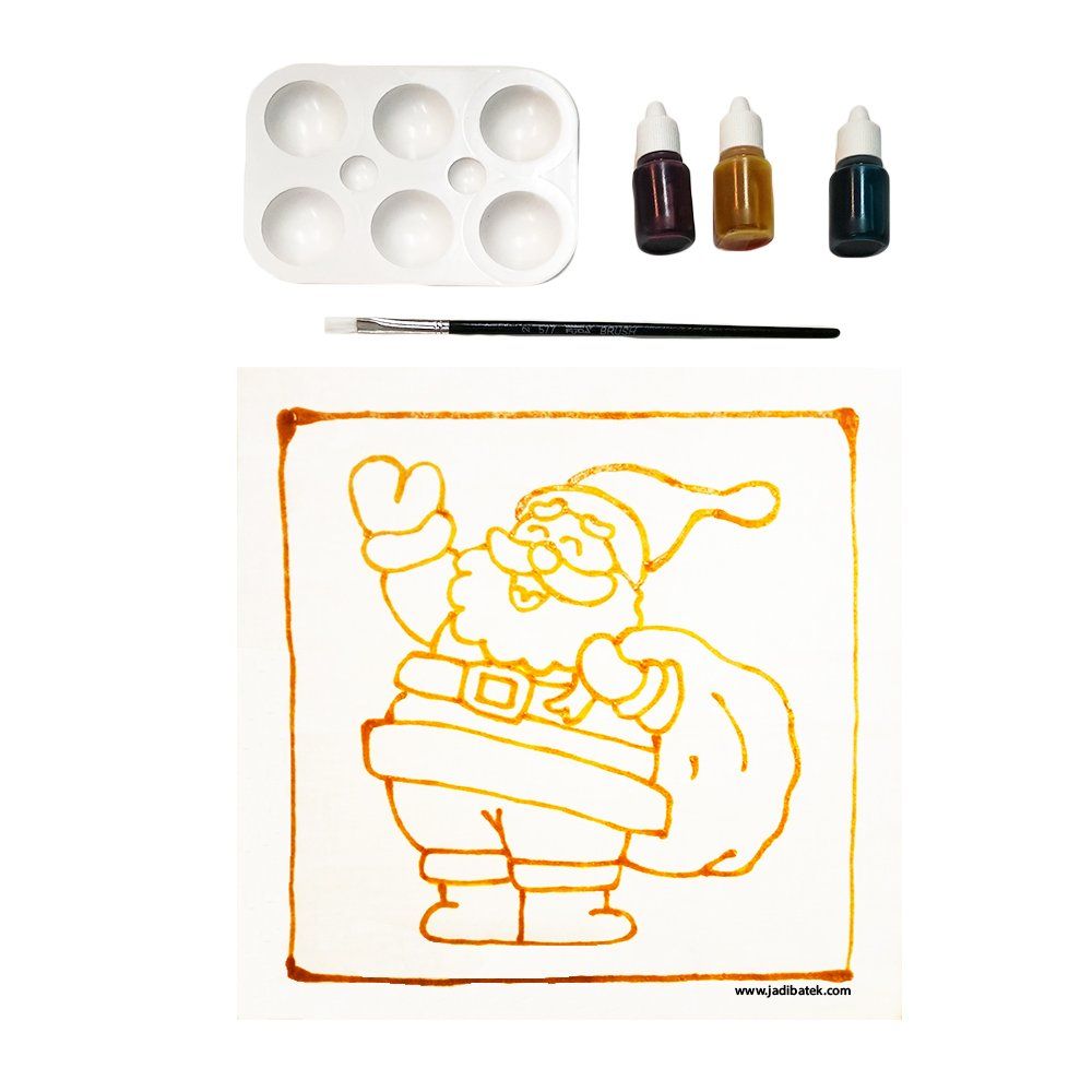 Paint-your-own Santa craft kit: Santa outline on a square canvas, paint bottles, palette, and brush.