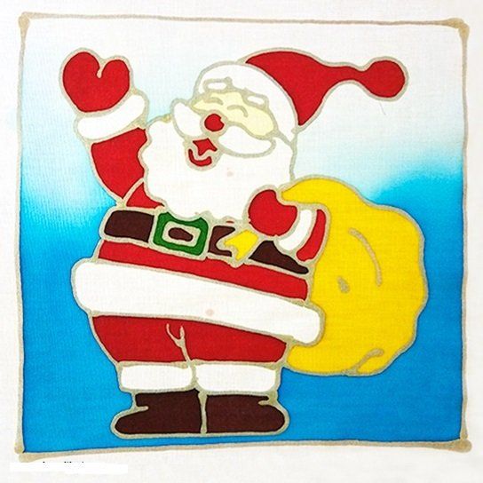 Santa Claus illustration with a red suit, white beard, and yellow sack against a blue gradient background.
