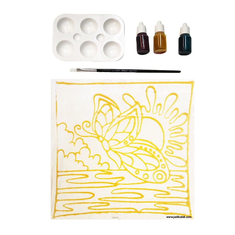 Art kit: Pre-outlined butterfly & sun scene, paint palette, paints, brush.