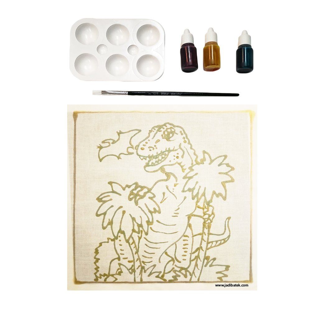Dinosaur paint set: Wooden art panel with dinosaur outline, paint, palette, and brush.