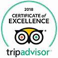 TripAdvisor Certificate of Excellence 2018 award badge in a teal outlined circle.