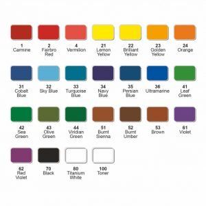 Color chart of various paint shades with labels, including reds, yellows, blues, greens, browns, black, white, and violet.