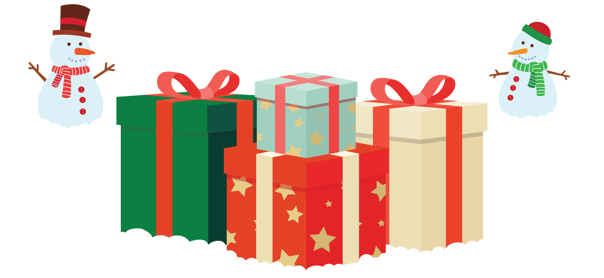 Two snowmen flanking a stack of wrapped Christmas presents; the presents are green, red and cream.