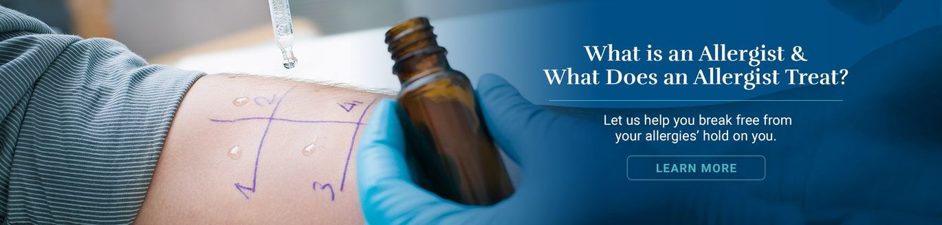 Arm being tested for allergies, with a bottle and blue glove visible. Blue background and text.