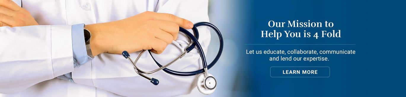 Doctor holding a stethoscope, wearing a white coat. Blue background with text: 