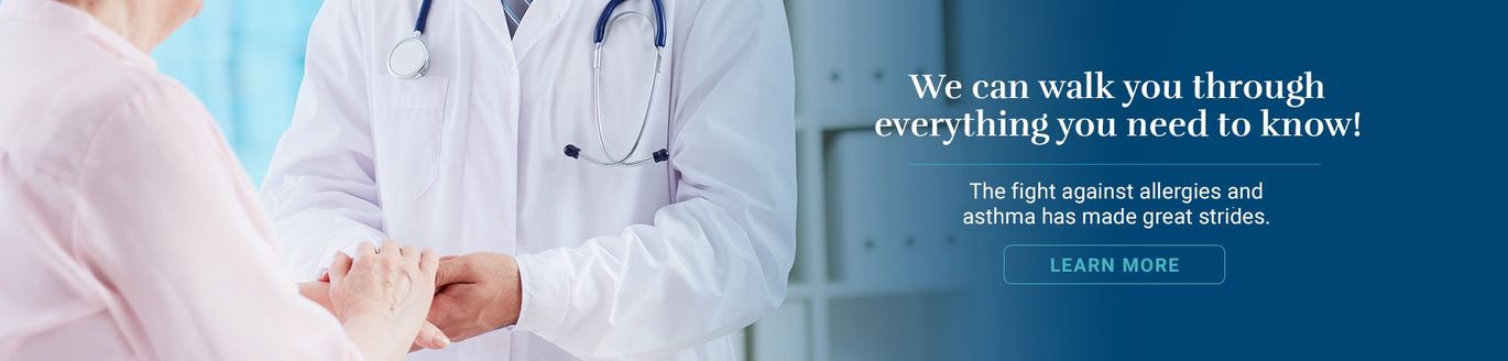 Doctor holding patient's hand, blue background, text reads: 