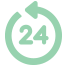 Green 24-hour symbol: a numeral 24 inside a circle with an arrow, suggesting availability or service.