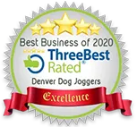 Best Business of 2020 award badge from ThreeBestRated for Denver Dog Joggers. Features stars, ribbon, and green and silver accents.