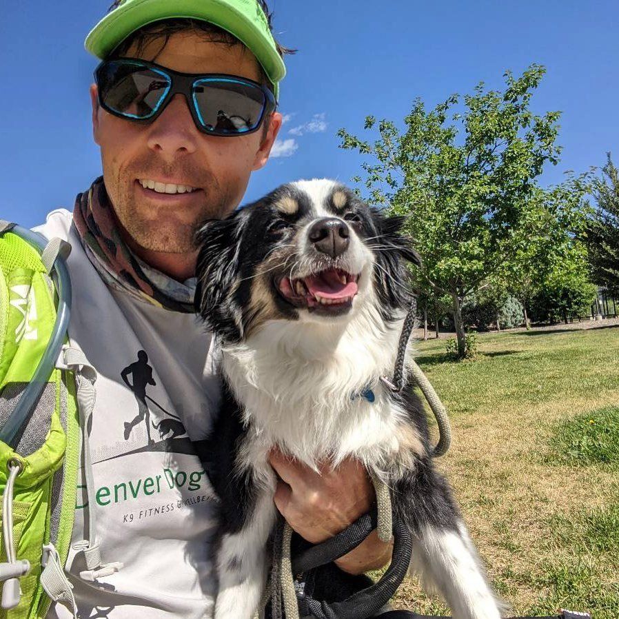 Man with dog in park; man smiling, holding dog; dog has happy expression, tongue out.