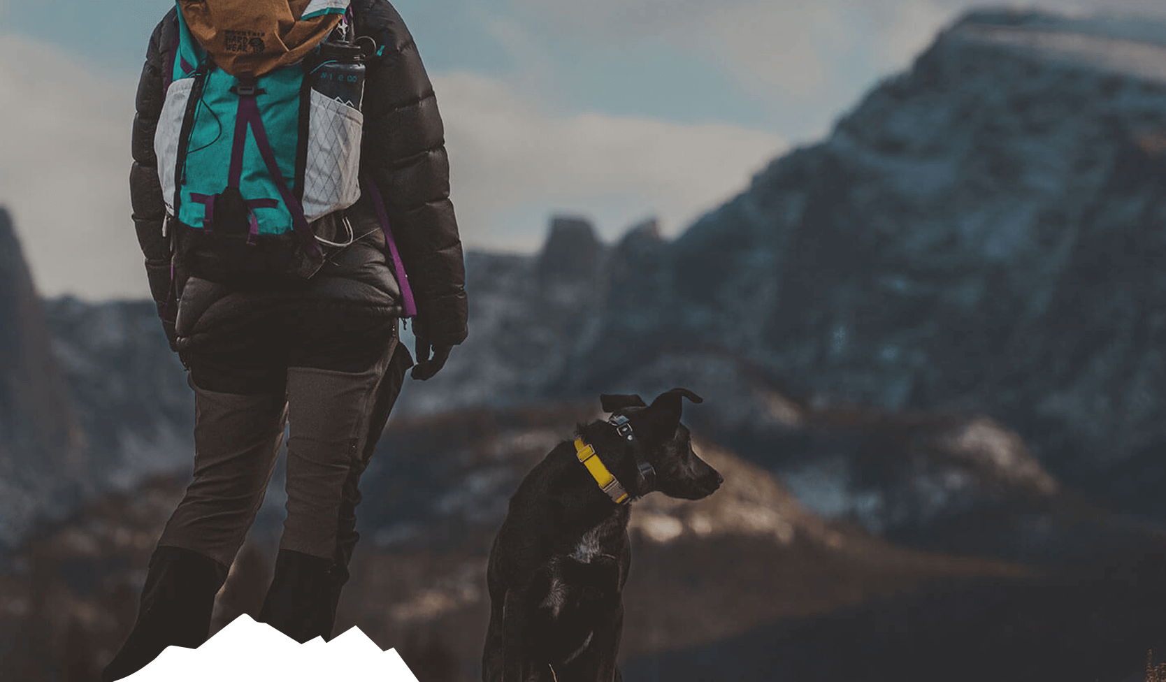 Person hiking with backpack and black dog in mountains.