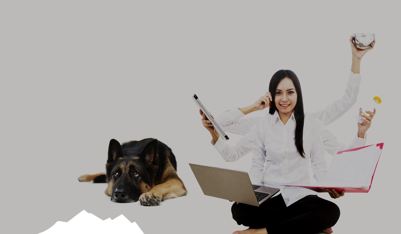 Woman with multiple arms multitasking, sitting with laptop, phone, and objects, while a dog lies beside her.