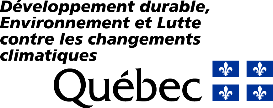 The logo for quebec is written in french and has two flags on it.