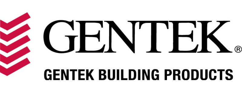 Logo for gentek building products with a red arrow.
