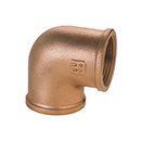 Type 90 A bronze-colored metal 90-degree pipe elbow fitting with internal threading on both ends.