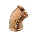 Type 120 A brass-colored, 45-degree threaded pipe elbow fitting.