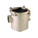Type 1164 A brushed metal floor drain assembly with a circular top, side outlet port, and four small bolts around the rim.
