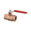 Type 2080 A brass-colored metal ball valve with a red handle against a white background.