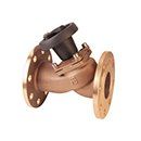 Type 2200 A bronze-colored metal globe valve with a black handwheel and flanged ends on a white background.