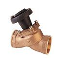 Type 2210 A brass-colored Y-pattern globe valve with a black handle, seen at an angle against a white background.