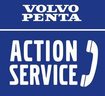 Volvo Penta Action Service logo: white text on a blue background with a white telephone icon.