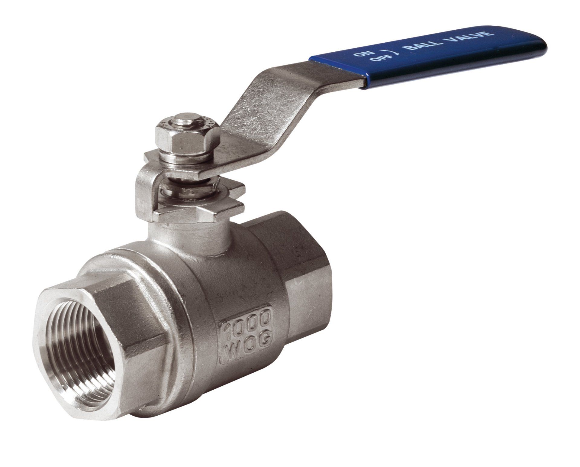 Type 245 A stainless steel industrial ball valve with a blue lever handle against a white background.