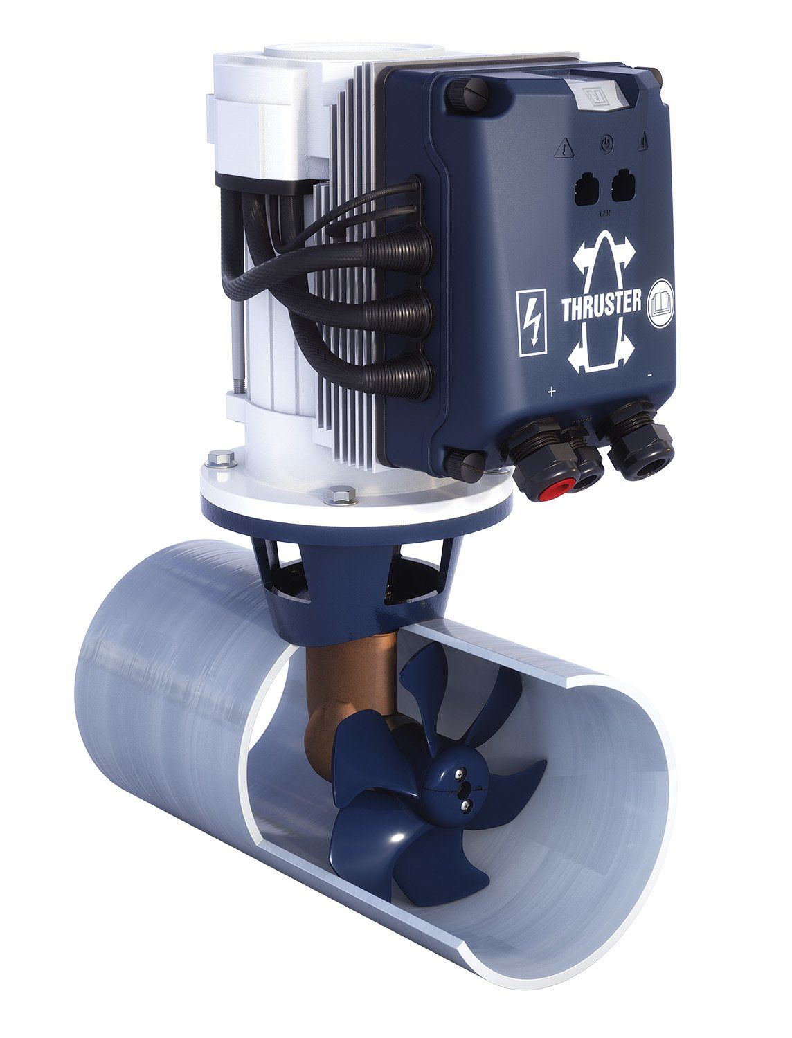Electric boat bow thruster with a dark blue motor housing and propeller inside a grey cylindrical tunnel.