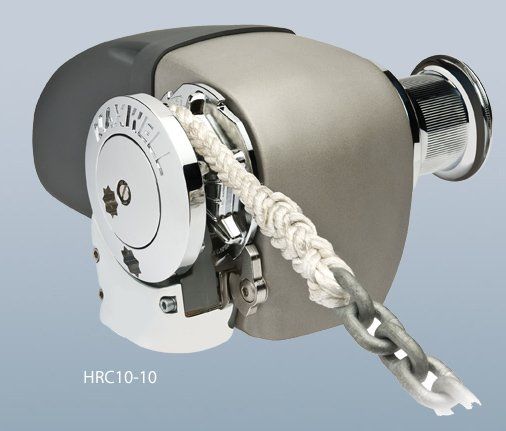 Maxwell HRC10-10 horizontal anchor windlass with a rope-and-chain rode set against a plain gray background.