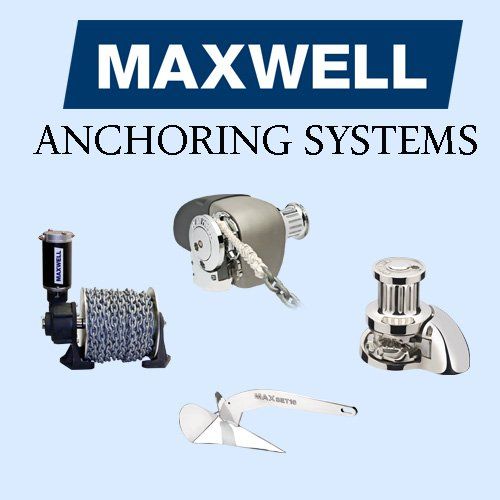 Maxwell Anchoring Systems logo with a collection of boat windlasses and an anchor on a light blue background.