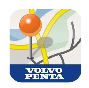 A Volvo Penta dealer locator app icon featuring an orange map pin on a stylized map over a dark blue background.