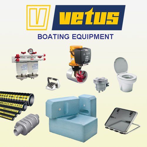 A collection of various Vetus marine boat parts and boating equipment arranged against a light-colored background.
