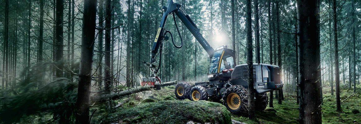 A forestry harvester machine processing a fallen tree in a dense, misty evergreen forest.