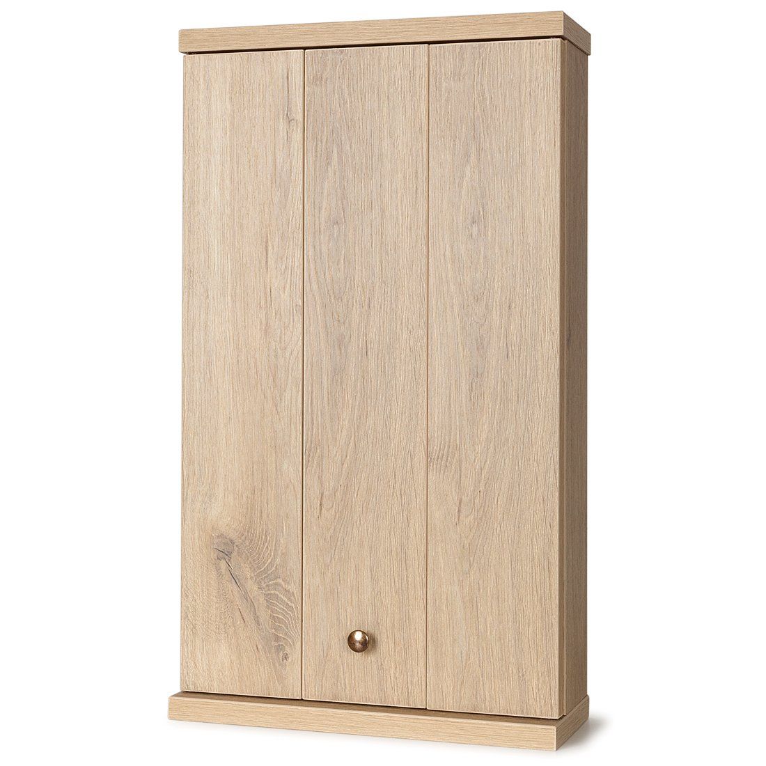 Un mobiletto di legno con due ante e un cassetto su sfondo bianco.