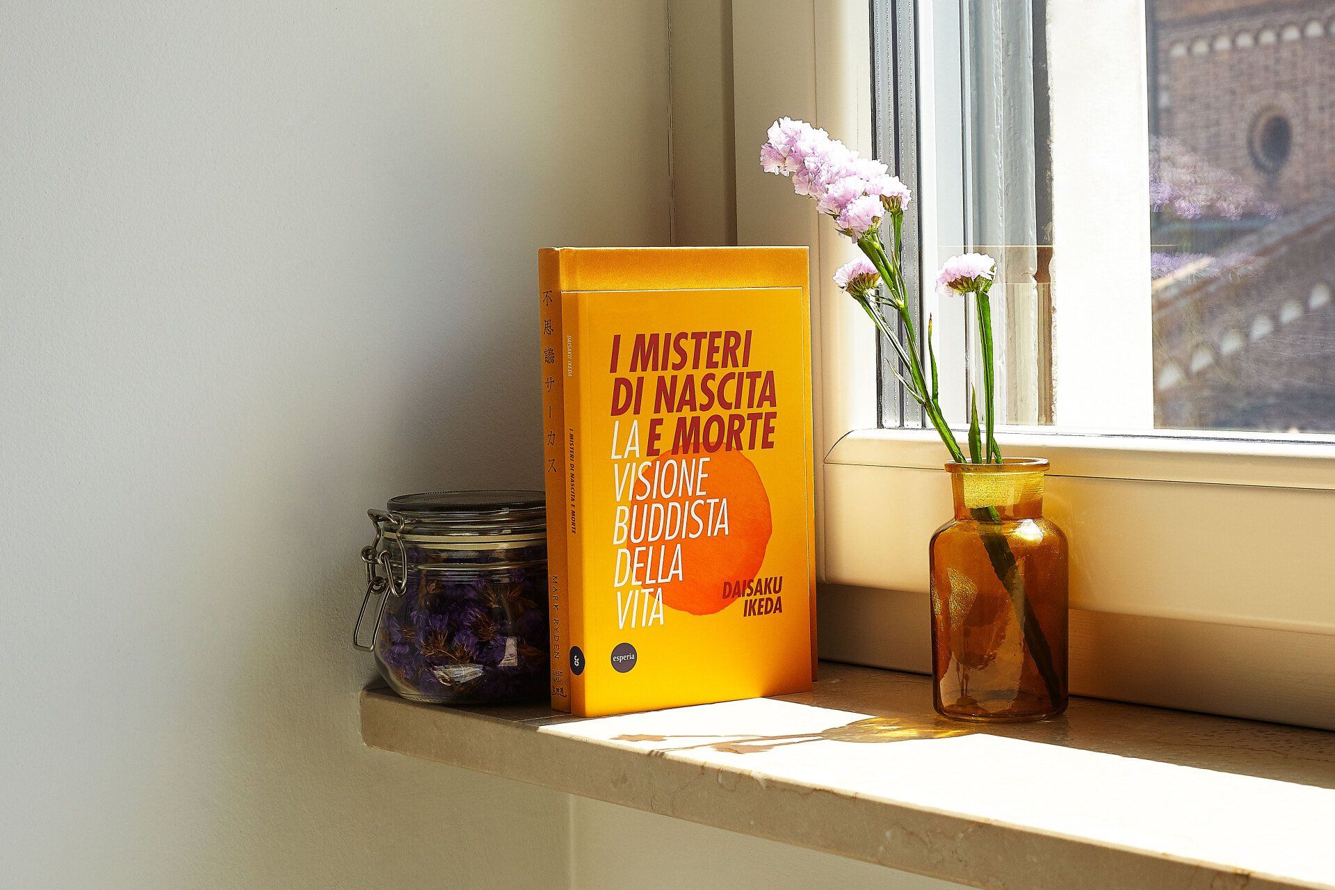 Un libro è appoggiato sul davanzale di una finestra accanto a un vaso di fiori