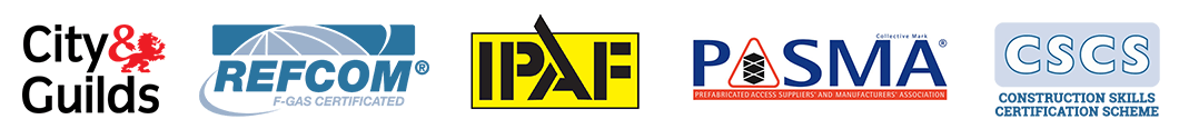 Logos for City & Guilds, REFCOM, IPAF and PASMA on a white background