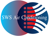 SWS Air Conditioning logo with blue-red circular graphic and stylized air streams