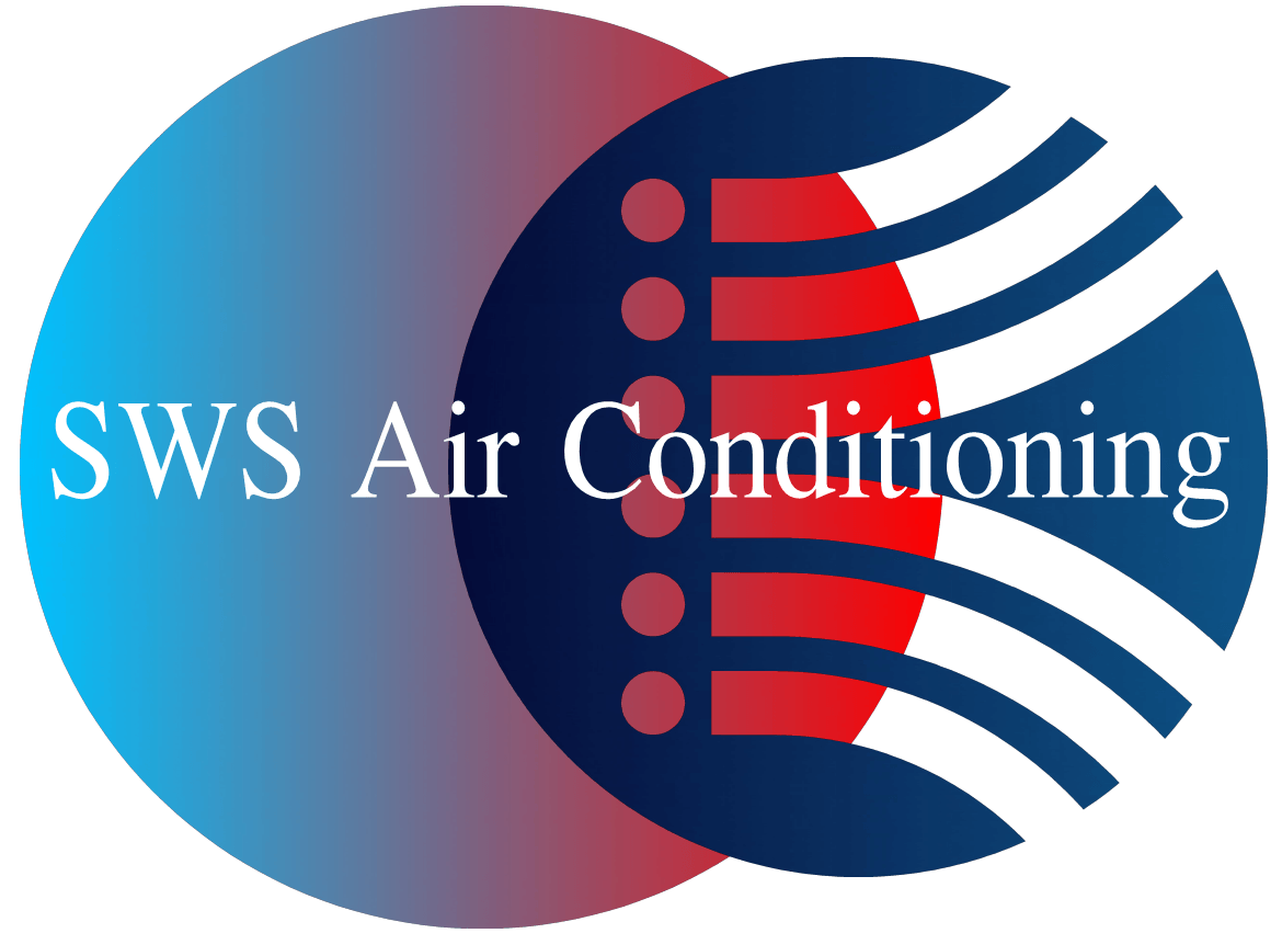 SWS Air Conditioning logo with blue-red circular graphic and stylized air streams