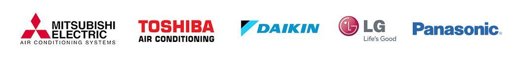 Mitsubishi, Toshiba, Daikin, LG, and Panasonic logos on a white background.