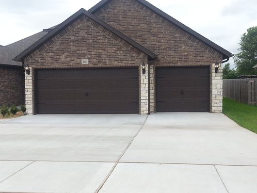 A residential property with a garage door