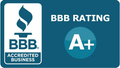 Bbb rating a+ accredited business logo on a blue background