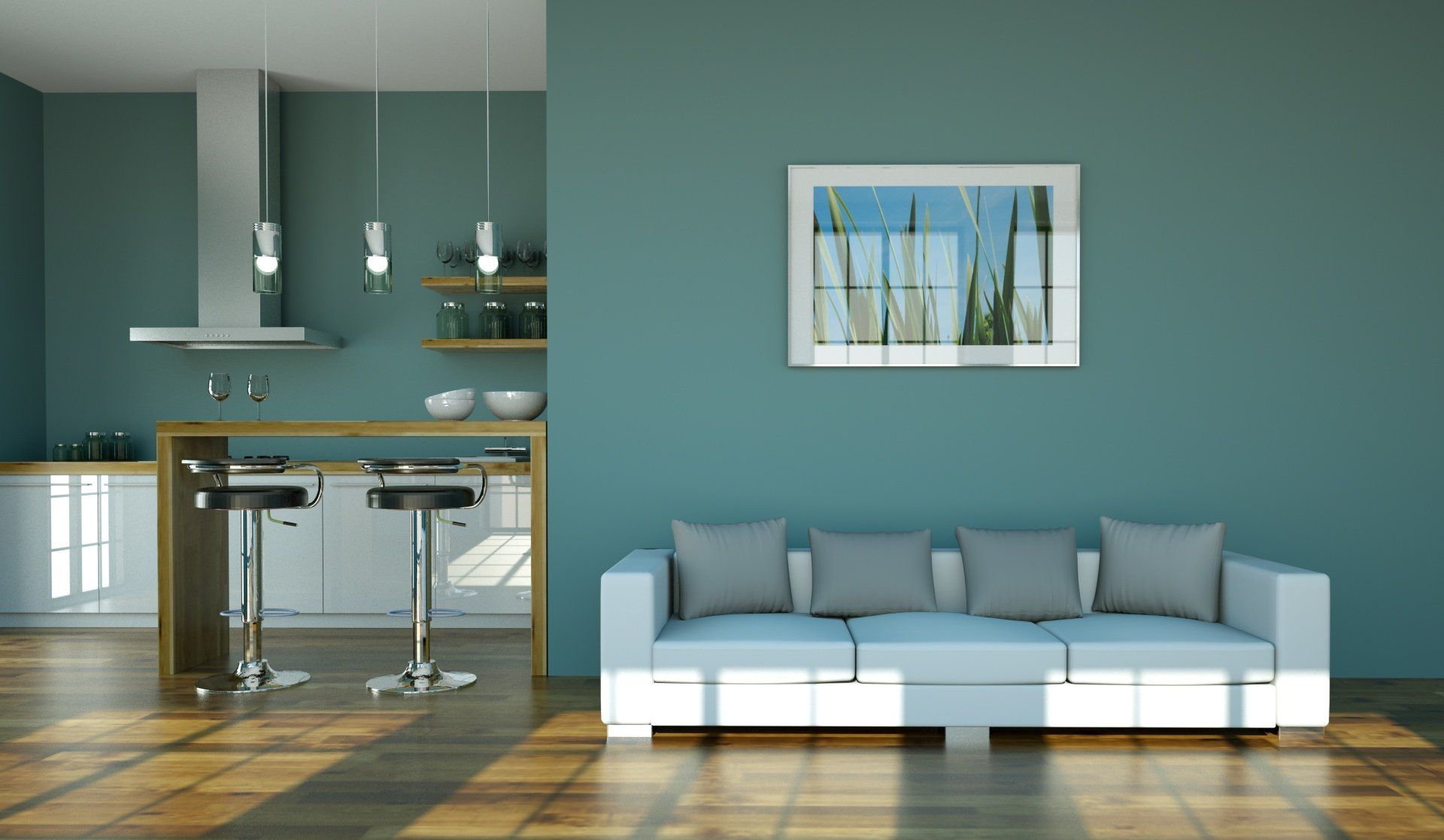 A living room with blue walls and a white couch