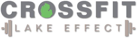 The logo for crossfit lake effect has a green leaf on it.