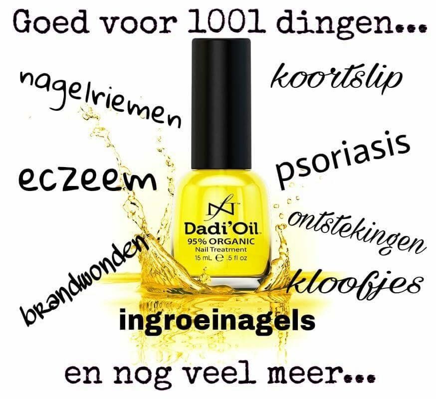 Flesje Dadi Oil nagelserum met Nederlandse tekst waarin de toepassingen voor eczeem, psoriasis, nagelschimmel en meer worden vermeld.